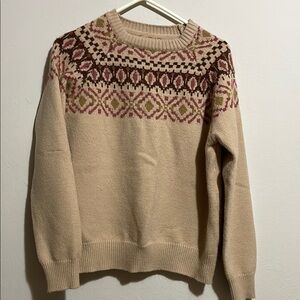 Fair Isle Crewneck Sweater in Beige with Plum and Olive Accents. Size M.